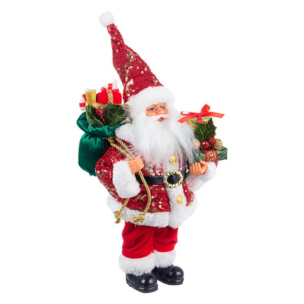 Muñeco de Navidad Papa Noel lentejuelas rojas con regalos Lustrini pequeño 20x13x31h cm