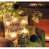 Cojín navideño blanco estampado acebo Merry Christmas con luces led 2 modelos 43x43cm