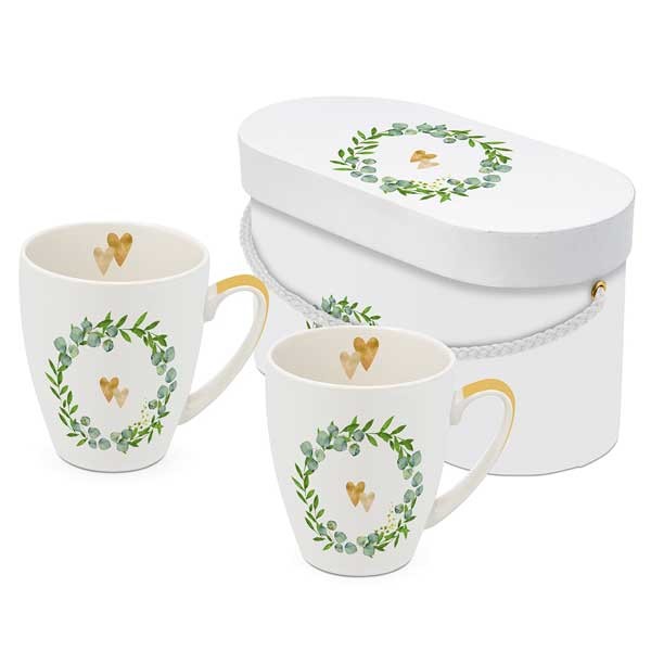 Set 2 mugs decorados 2 corazones en corona de hojas Two Hearts PPD 35 cl x 2 unidades