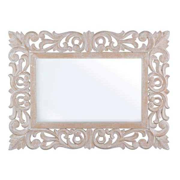 Espejo rectangular marco ancho tallado de madera clara con efecto blanco Dalila 60x45 cm