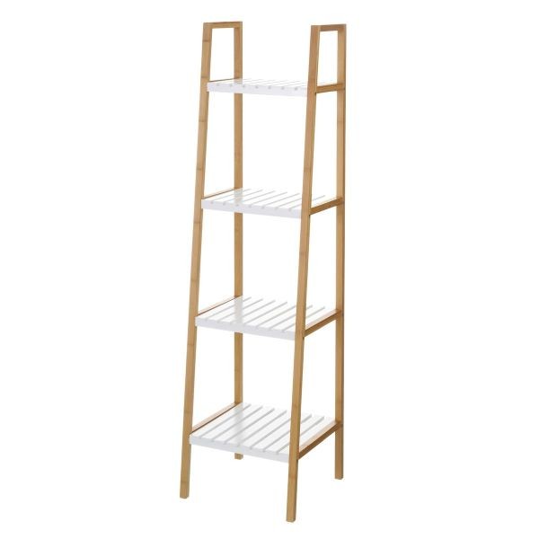 Estantería librería 4 baldas escalera color blanco y madera bambú 35x35x138h cm