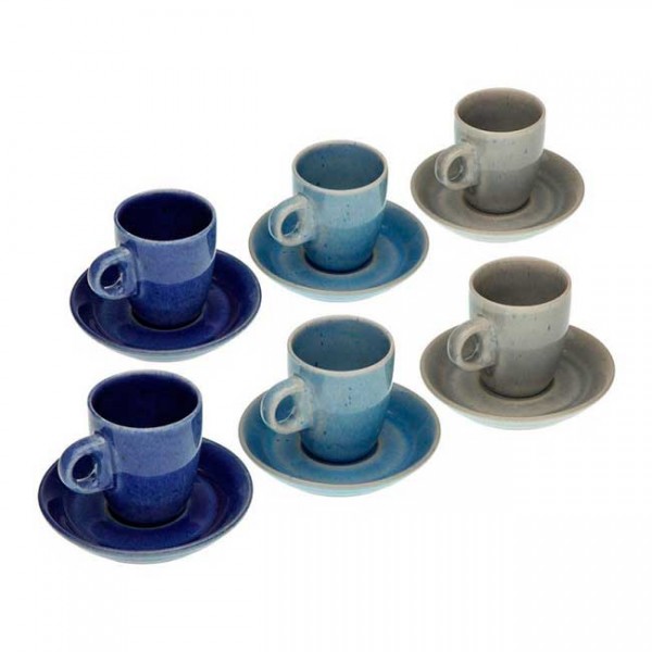 Juego 6 tazas de café con plato rústicos azul y topo
