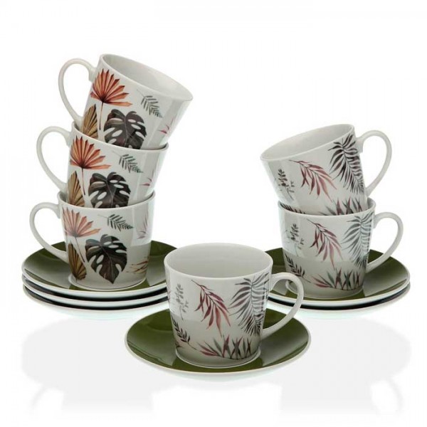 Juego 6 tazas de té con plato porcelana con estampado hojas palmera Roxanne
