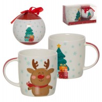 Set regalo con Bola de Navidad y Mug porcelana Reno con árbol de Navidad