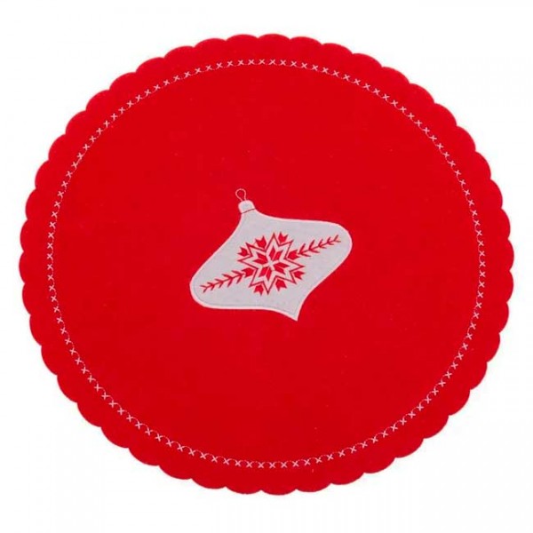 Mantel individual redondo fieltro rojo bordado blanco bola Navidad 35cm 
