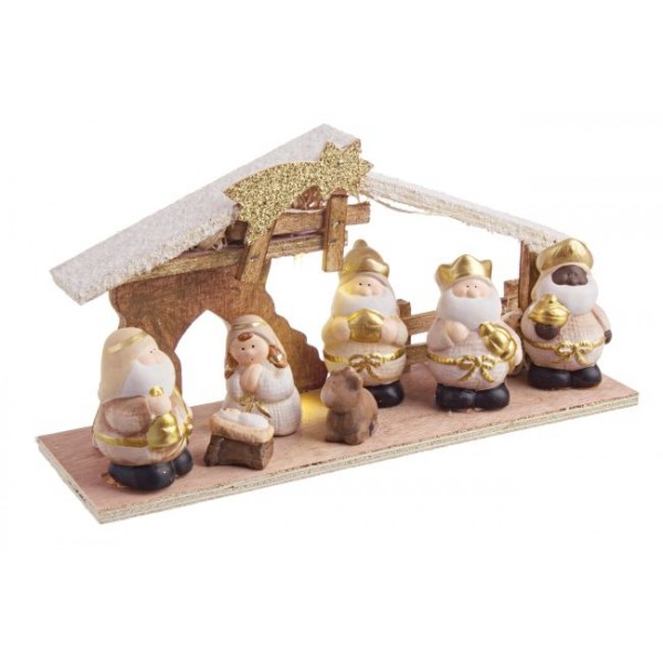 Belén navideño Misterio infantil en madera y cerámica Dorado Emmaus con luz 30,5x10x16h cm