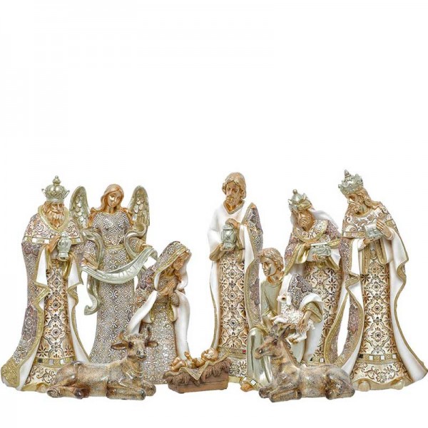 Belén navideño Misterio resina tonos dorados 10 figuras grandes con Pastor, Angel y Reyes Magos